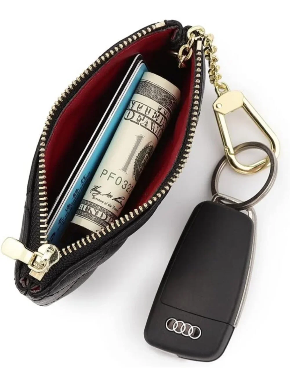 Genuine Full Grain Leather Mini Coin Purse Keychain Pouch & Card Holder - Black